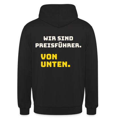 "Wir sind Preisführer. Von unten." Motiv-Hoodie unisex, Farbe Schwarz