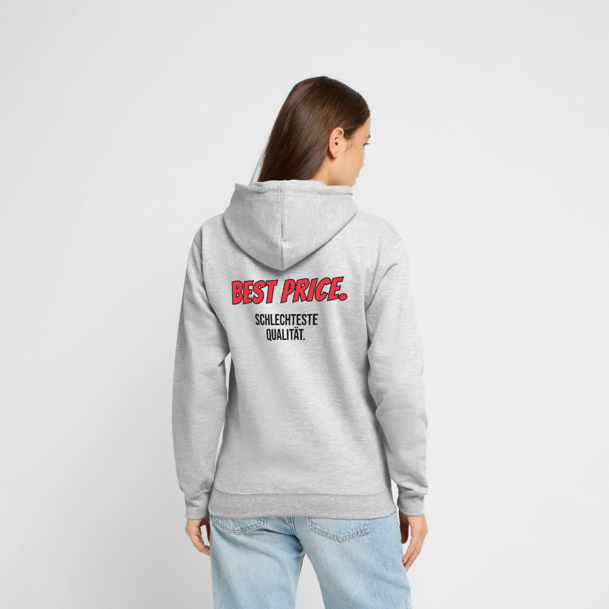 "Best Price. Schlechteste Qualität." Motiv-Hoodie unisex, Farbe Hellgrau meliert