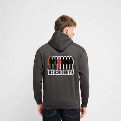 "Das besprechen wir. Isotype-Motiv" Motiv-Hoodie unisex, Farbe Anthrazit, Model