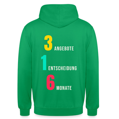 "3 Angebote. 1 Entscheidung. 6 Monate." Motiv-Hoodie unisex, Farbe Kelly Green