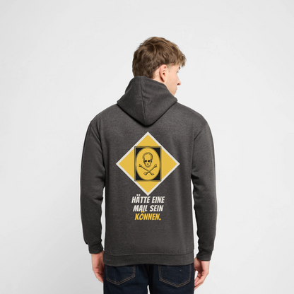 "Hätte eine Mail sein können. Gefahrzeichen-Motiv" Motiv-Hoodie unisex, Farbe Anthrazit, Model