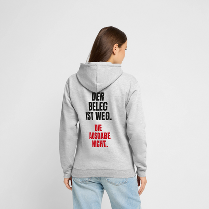 Der Beleg ist weg. Die Ausgabe nicht. Motiv-Hoodie unisex, Farbe Hellgrau meliert, Model