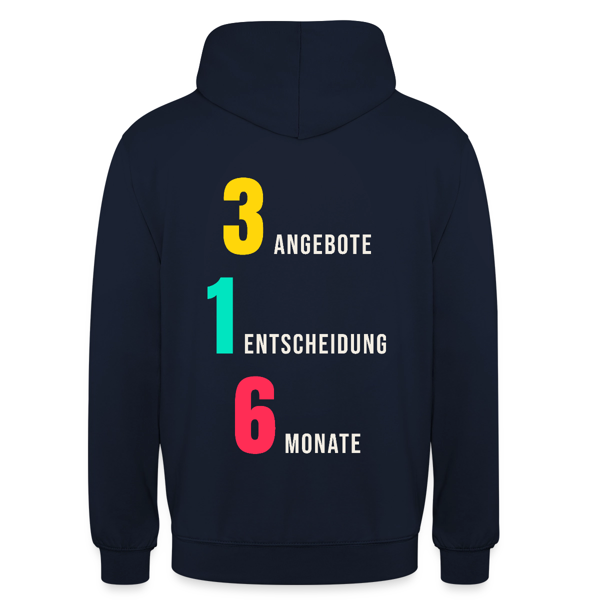"3 Angebote. 1 Entscheidung. 6 Monate." Motiv-Hoodie unisex, Farbe Navy