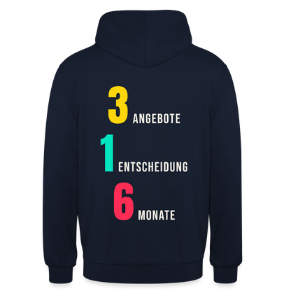 "3 Angebote. 1 Entscheidung. 6 Monate." Motiv-Hoodie unisex, Farbe Navy