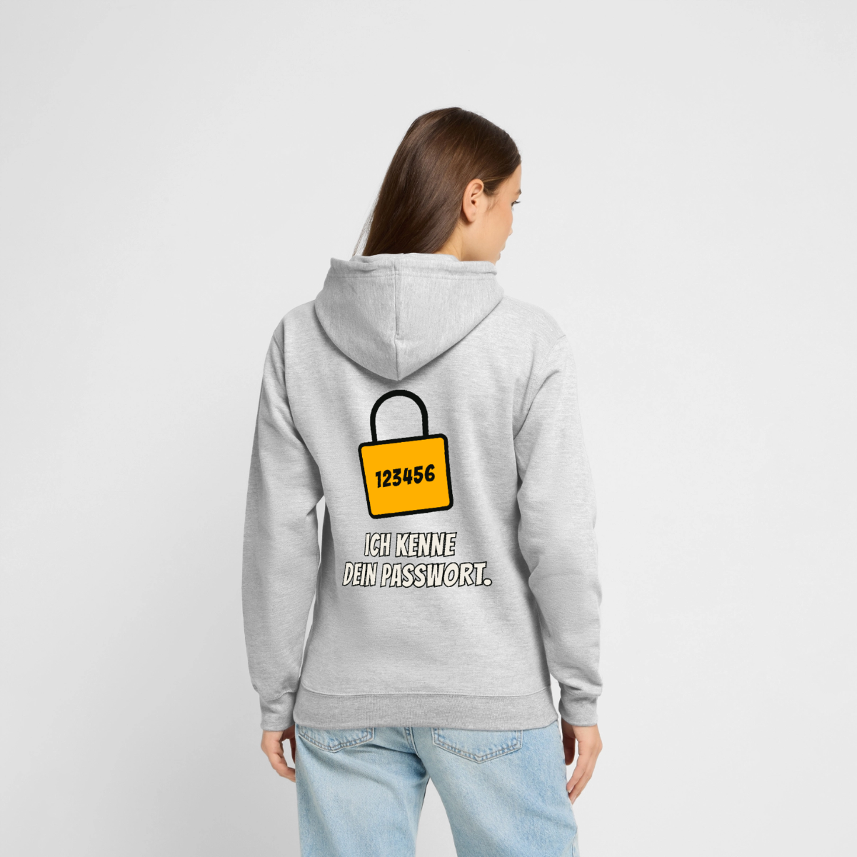 Ich kenne dein Passwort. Motiv-Hoodie unisex, Farbe Hellgrau meliert, Model
