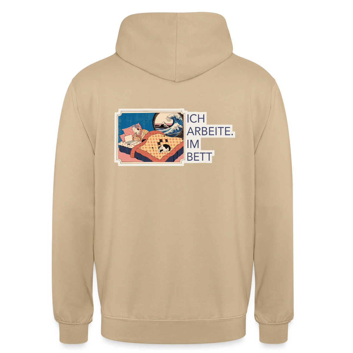 Ich arbeite. Im Bett. Motiv-Hoodie unisex, Farbe Beige