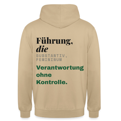 "Führung, die: Verantwortung ohne Kontrolle." Motiv-Hoodie unisex, Farbe Beige