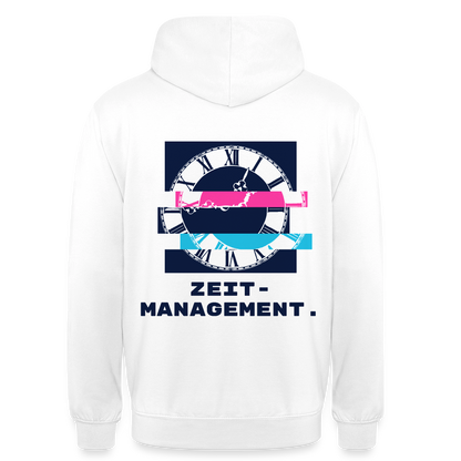 "Zeitmanagement. Glitch-Motiv" Motiv-Hoodie unisex, Farbe Weiß