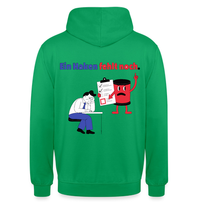 "Ein Haken fehlt noch. Comic-Motiv" Motiv-Hoodie unisex, Farbe Kelly Green