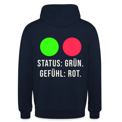 Status: grün. Gefühl: rot. Motiv-Hoodie unisex, Farbe Navy