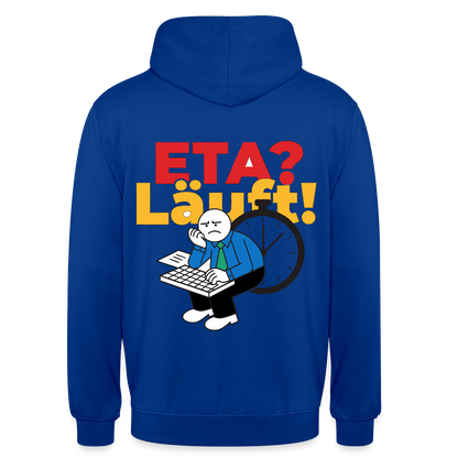 "ETA? Läuft! Strichfiguren-Motiv" Motiv-Hoodie unisex, Farbe Royalblau