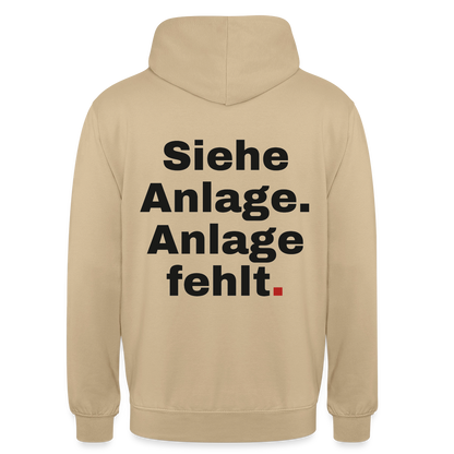 "Siehe Anlage. Anlage fehlt." Motiv-Hoodie unisex, Farbe Beige