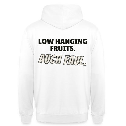 "Low hanging fruits. Auch faul." Motiv-Hoodie unisex, Farbe Weiß