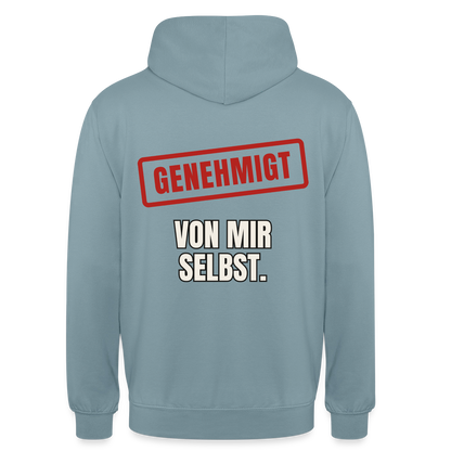 "Genehmigt. Von mir selbst." Motiv-Hoodie unisex, Farbe Nebelblau