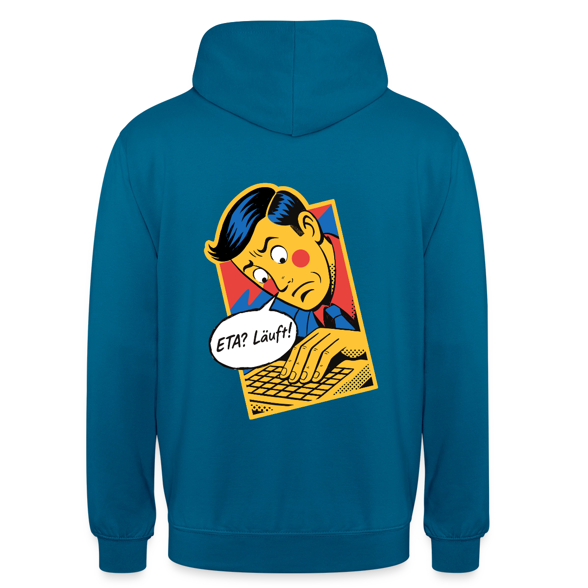 "ETA? Läuft! Popart-Motiv" Motiv-Hoodie unisex, Farbe Tiefseeblau
