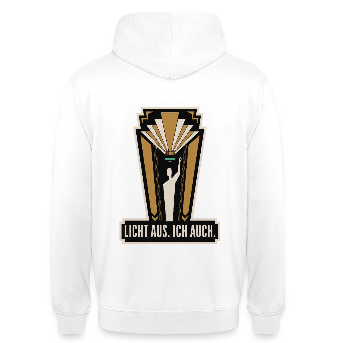 "Licht aus. Ich auch. Art-déco-Motiv" Motiv-Hoodie unisex, Farbe Weiß
