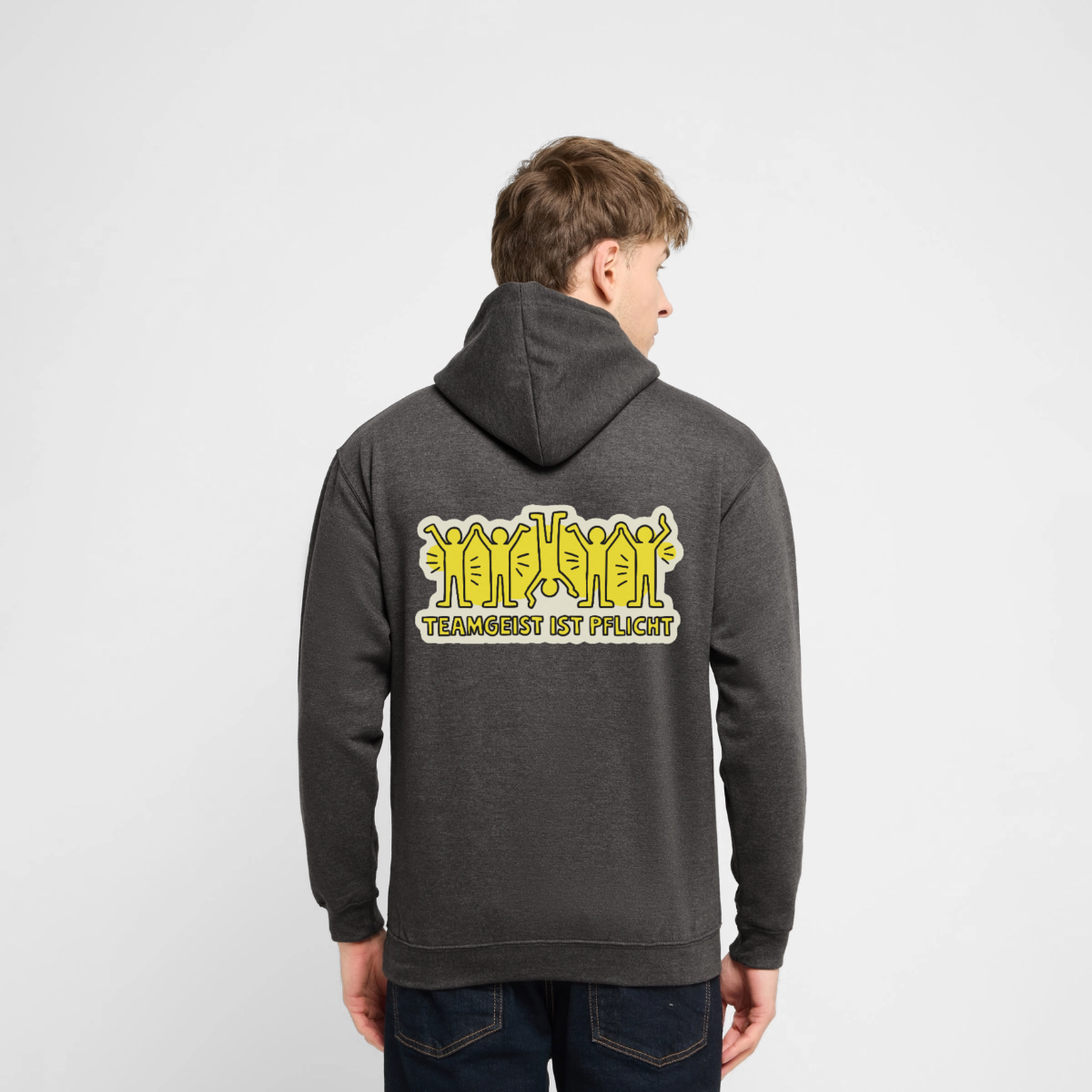 "Teamgeist ist Pflicht. Pop-Art-Motiv" Motiv-Hoodie unisex, Farbe Anthrazit, Model