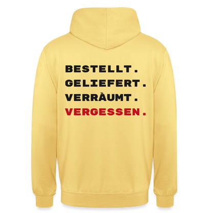 Bestellt. Geliefert. Verräumt. Vergessen. Motiv-Hoodie unisex, Farbe Zitronengelb