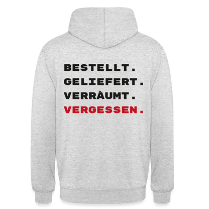 Bestellt. Geliefert. Verräumt. Vergessen. Motiv-Hoodie unisex, Farbe Hellgrau meliert