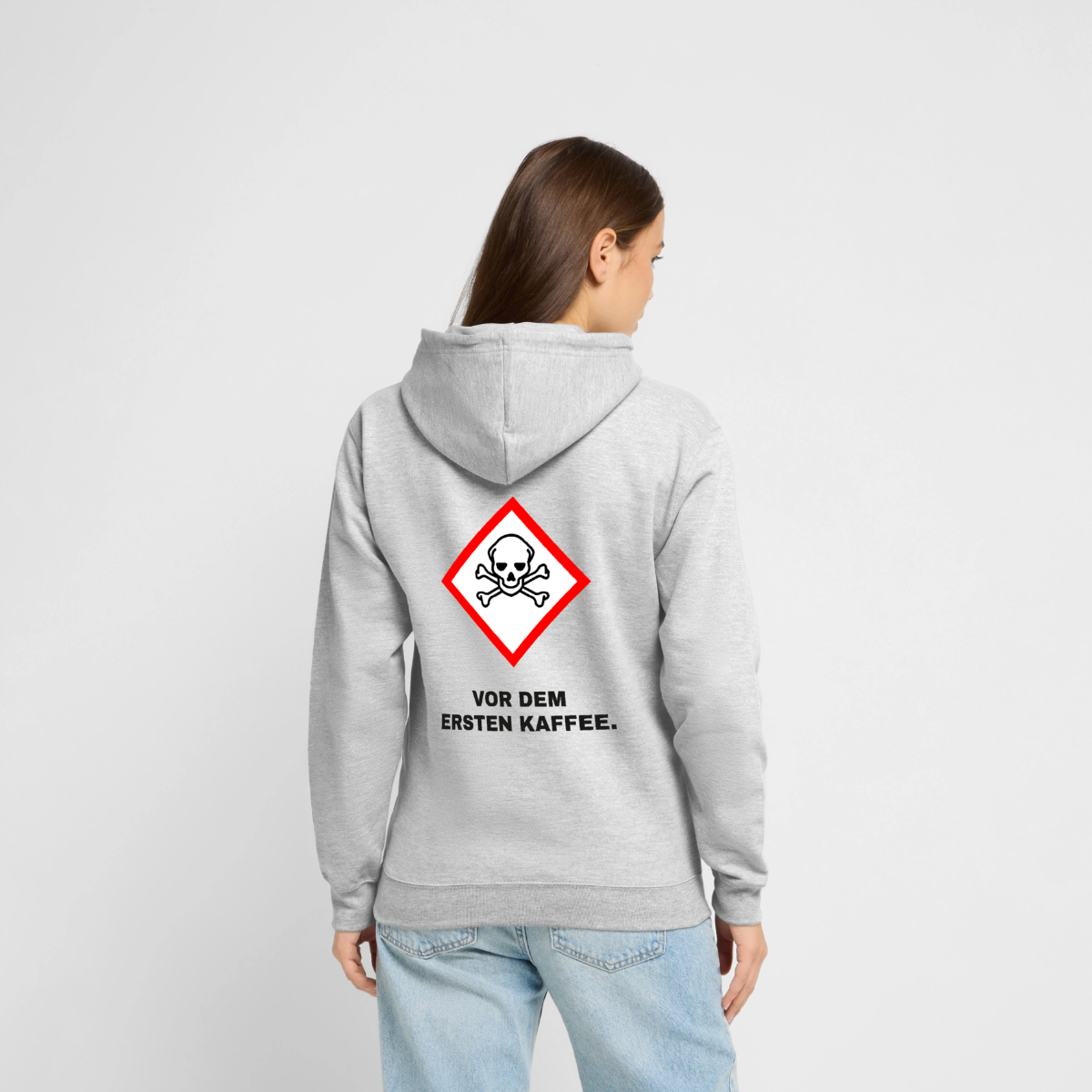"Vor dem ersten Kaffee. Gefahrzeichen" Motiv-Hoodie unisex, Farbe Hellgrau meliert, Model