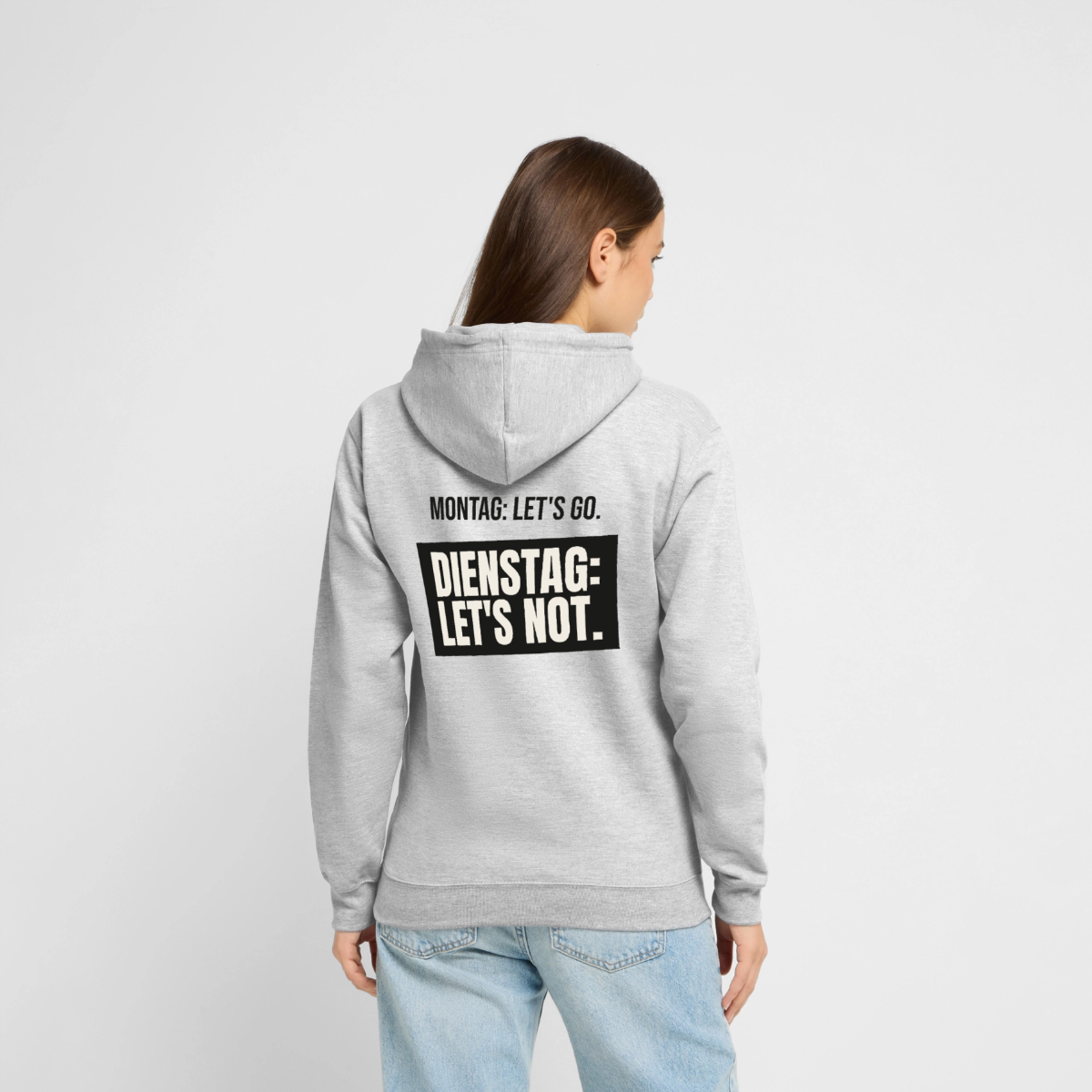 "Montag: let's go. Dienstag: let's not." Motiv-Hoodie unisex, Farbe Hellgrau meliert