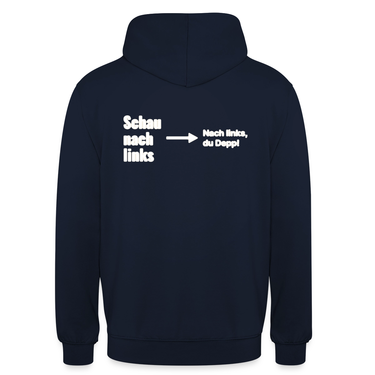 Schau nach links. Motiv-Hoodie unisex, Farbe Navy