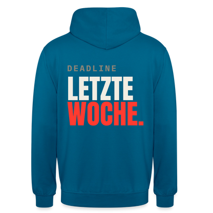 "Deadline: letzte Woche." Motiv-Hoodie unisex, Farbe Tiefseeblau