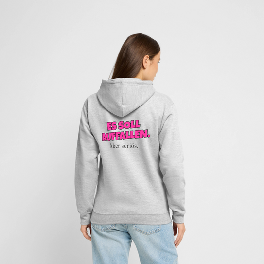 Es soll auffallen. Aber seriös. Motiv-Hoodie unisex, Farbe Hellgrau meliert, Model