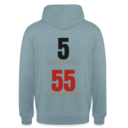 5 Minuten Inhalt, 55 Minuten Kalender Motiv-Hoodie unisex, Farbe Nebelblau