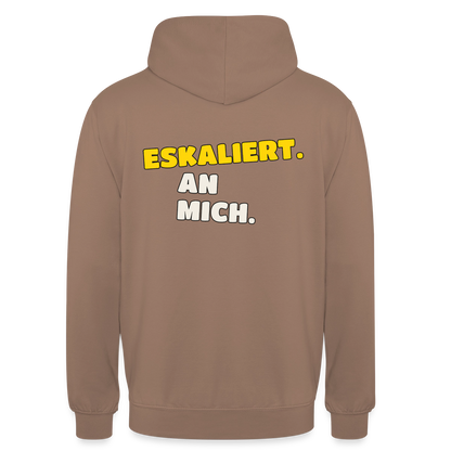 "Eskaliert. An mich." Motiv-Hoodie unisex, Farbe Mokka