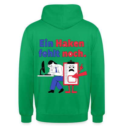 "Ein Haken fehlt noch. Klemmbrett-Motiv" Motiv-Hoodie unisex, Farbe Kelly Green