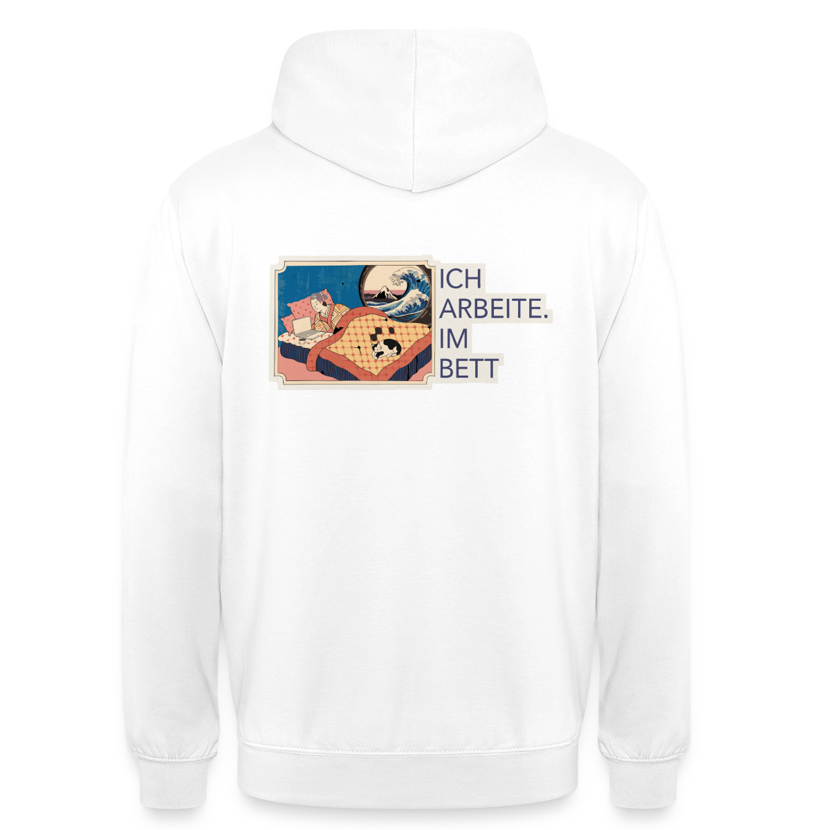 Ich arbeite. Im Bett. Motiv-Hoodie unisex, Farbe Weiß