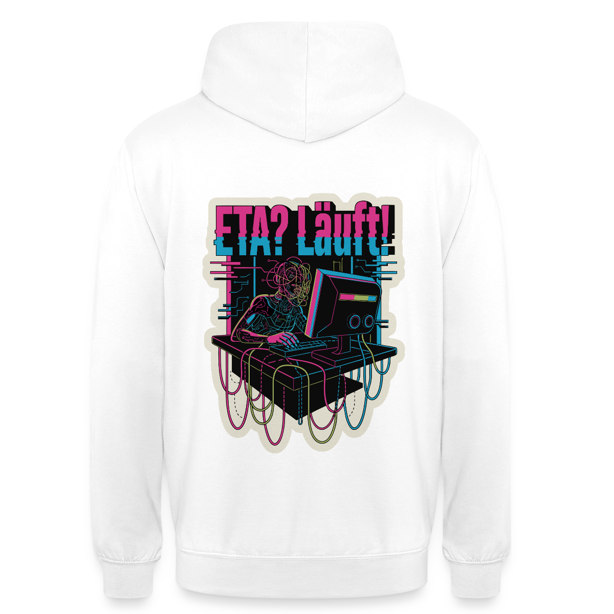 "ETA? Läuft! Cyberpunk-Motiv" Motiv-Hoodie unisex, Farbe Weiß