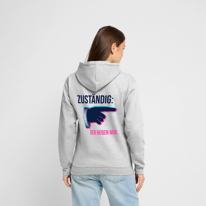 "Zuständig: der neben mir. Glitch-Motiv" Motiv-Hoodie unisex, Farbe Hellgrau meliert, Model