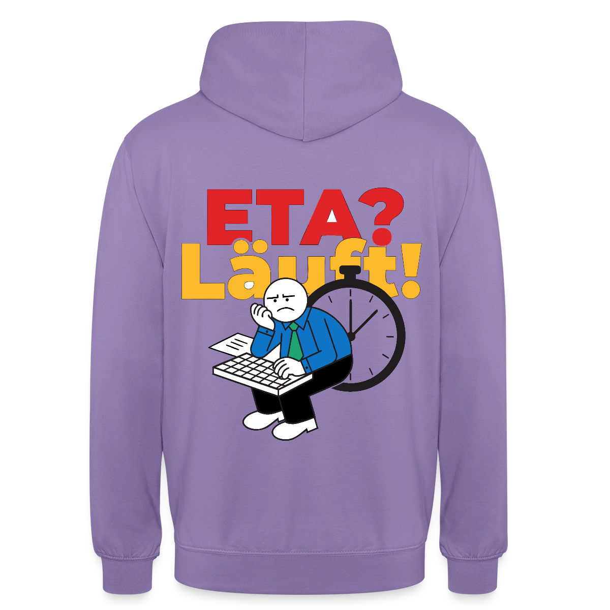 "ETA? Läuft! Strichfiguren-Motiv" Motiv-Hoodie unisex, Farbe Lavendel