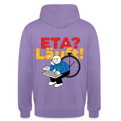 "ETA? Läuft! Strichfiguren-Motiv" Motiv-Hoodie unisex, Farbe Lavendel