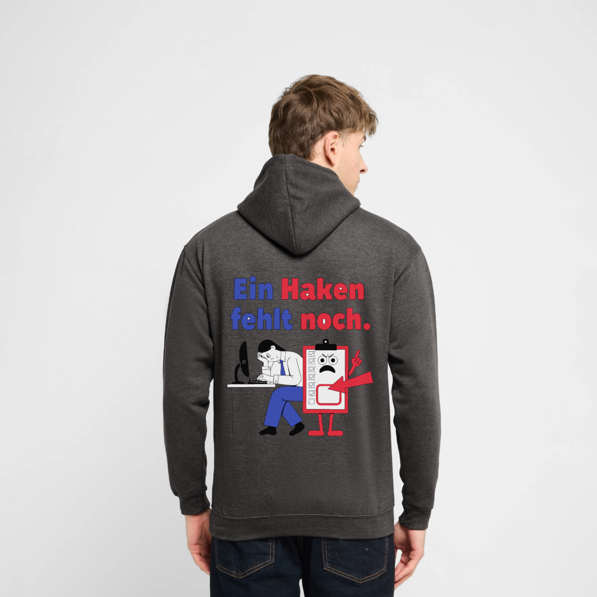 "Ein Haken fehlt noch. Klemmbrett-Motiv" Motiv-Hoodie unisex, Farbe Anthrazit, Model
