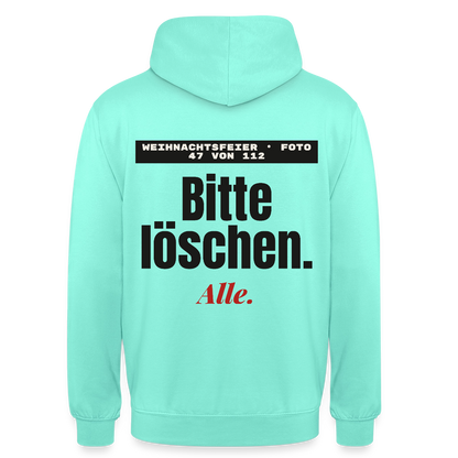 "Weihnachtsfeier, Foto 47 von 112: bitte löschen. Alle." Motiv-Hoodie unisex, Farbe Mint