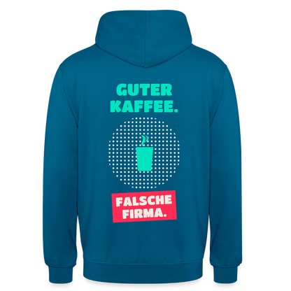 "Guter Kaffee. Falsche Firma." Motiv-Hoodie unisex, Farbe Tiefseeblau