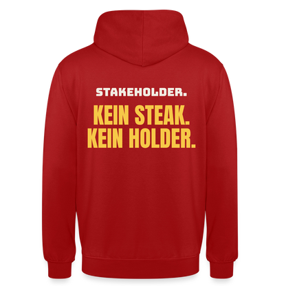 "Stakeholder. Kein Steak. Kein Holder." Motiv-Hoodie unisex, Farbe Rot