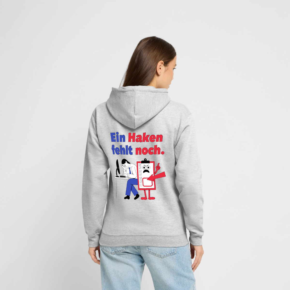 "Ein Haken fehlt noch. Klemmbrett-Motiv" Motiv-Hoodie unisex, Farbe Hellgrau meliert