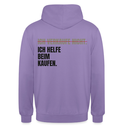 Ich verkaufe nicht. Ich helfe beim Kaufen. Motiv-Hoodie unisex, Farbe Lavendel