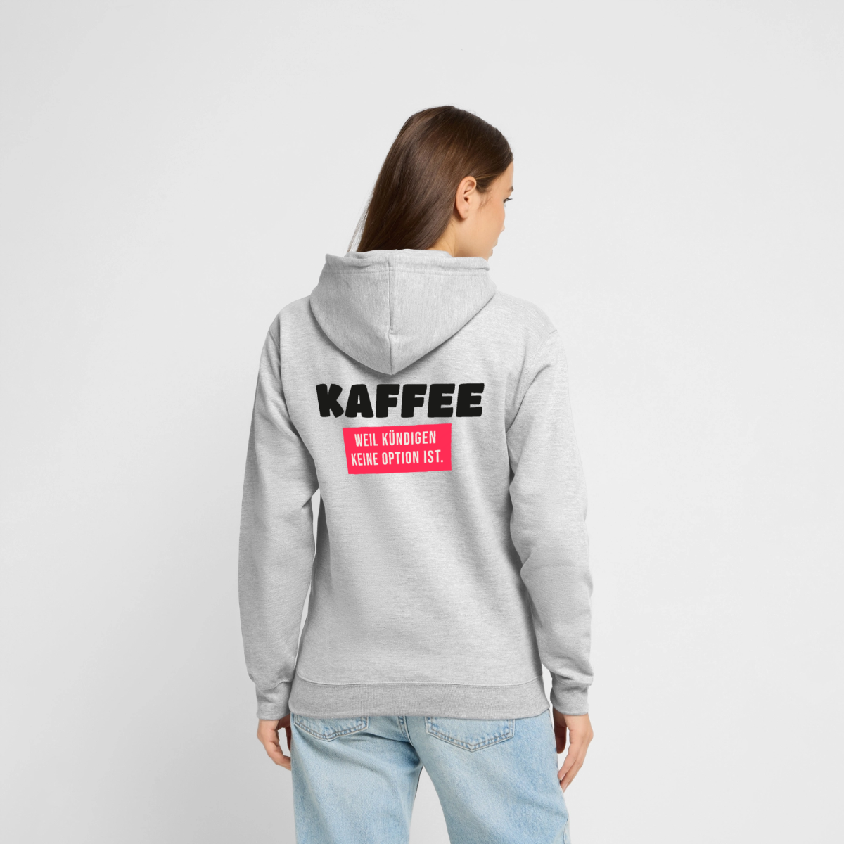 "Kaffee, weil kündigen keine Option ist." Motiv-Hoodie unisex, Farbe Hellgrau meliert, Model