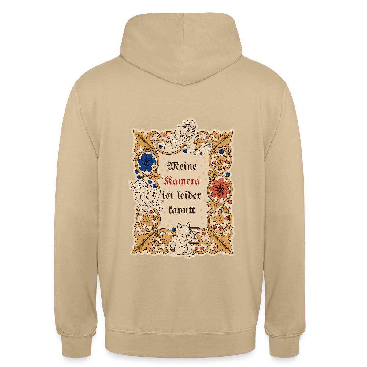 "Meine Kamera ist leider kaputt. Buchmalerei-Motiv" Motiv-Hoodie unisex, Farbe Beige