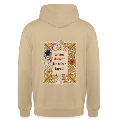 "Meine Kamera ist leider kaputt. Buchmalerei-Motiv" Motiv-Hoodie unisex, Farbe Beige
