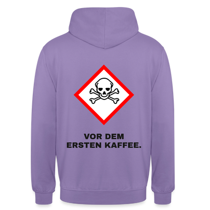 "Vor dem ersten Kaffee. Gefahrzeichen" Motiv-Hoodie unisex, Farbe Lavendel