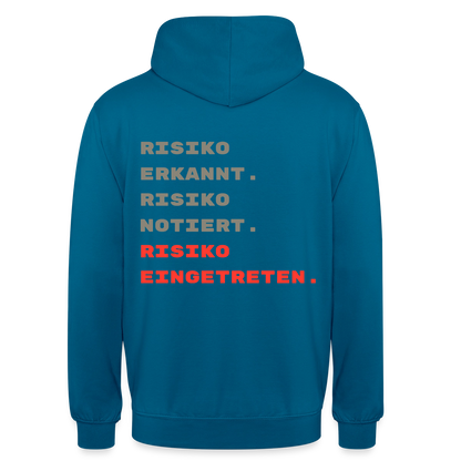 Risiko erkannt. Risiko notiert. Risiko eingetreten. Motiv-Hoodie unisex, Farbe Tiefseeblau