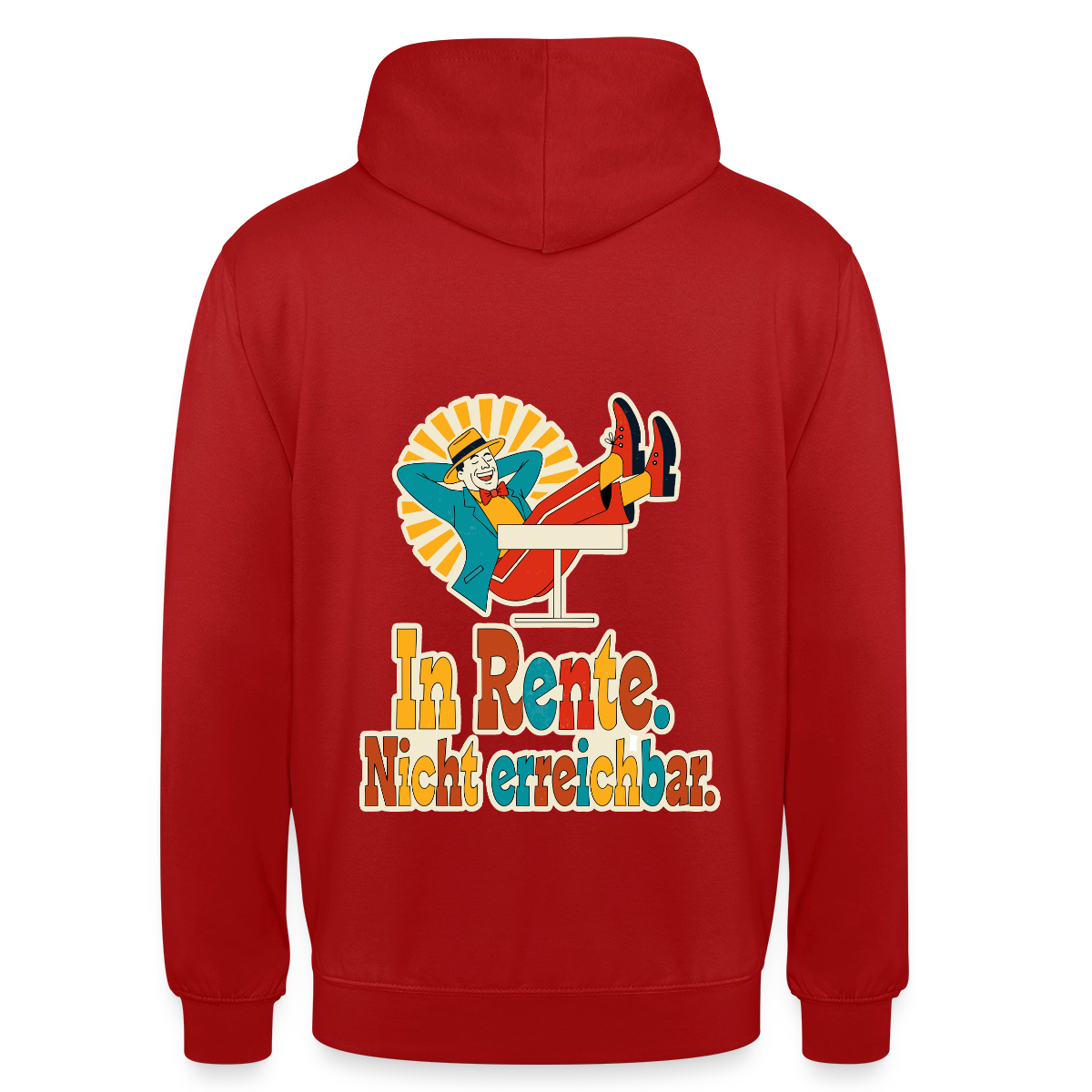 "In Rente. Nicht erreichbar. Midcentury-Motiv" Motiv-Hoodie unisex, Farbe Rot
