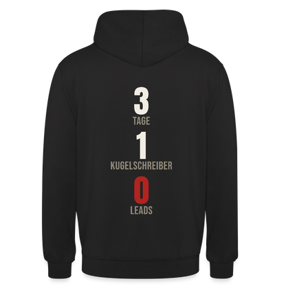 3 Tage. 1 Kugelschreiber. 0 Leads. Motiv-Hoodie unisex, Farbe Schwarz
