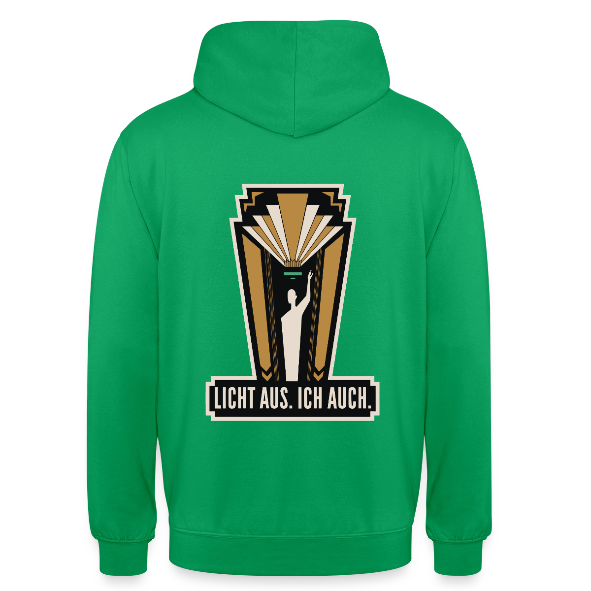 "Licht aus. Ich auch. Art-déco-Motiv" Motiv-Hoodie unisex, Farbe Kelly Green